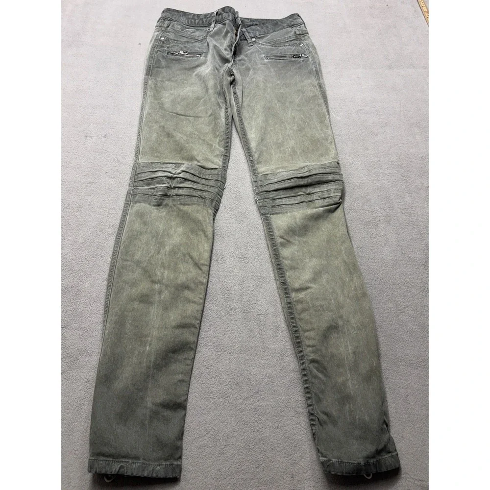 Robins Jean Mens Moto Biker Slim Pants Faded Olive Green Zipper Ribbed Knee 29